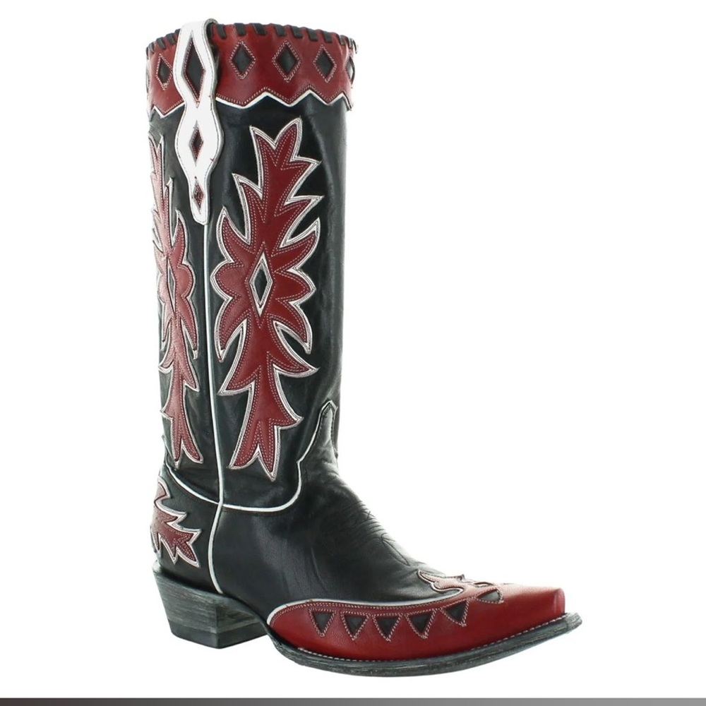 Old Gringo Black and Red Embroidered Leather Heeled Cowboy Boots - Picture 4 of 15